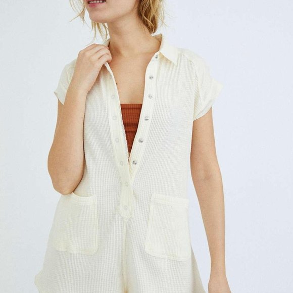 Urban Outfitters Pants - Urban Outfitters Women's White Uo Mollie Thermal Knit Button-front Romper